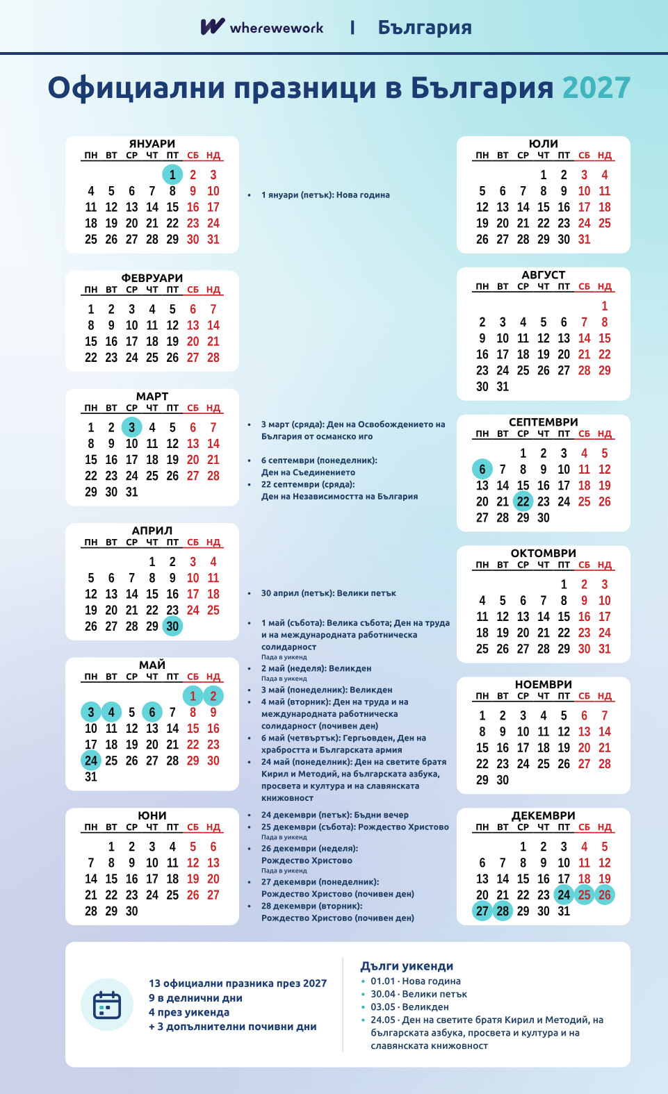 Официални празници в България 2027